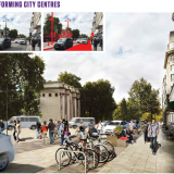Caption - Main image: reconfigured street space and opportunity. Top left: existing urban centre, Marble Arch, London. Top middle: road space, signage and clutter that could be removed with the introduction of Autonomous Vehicles